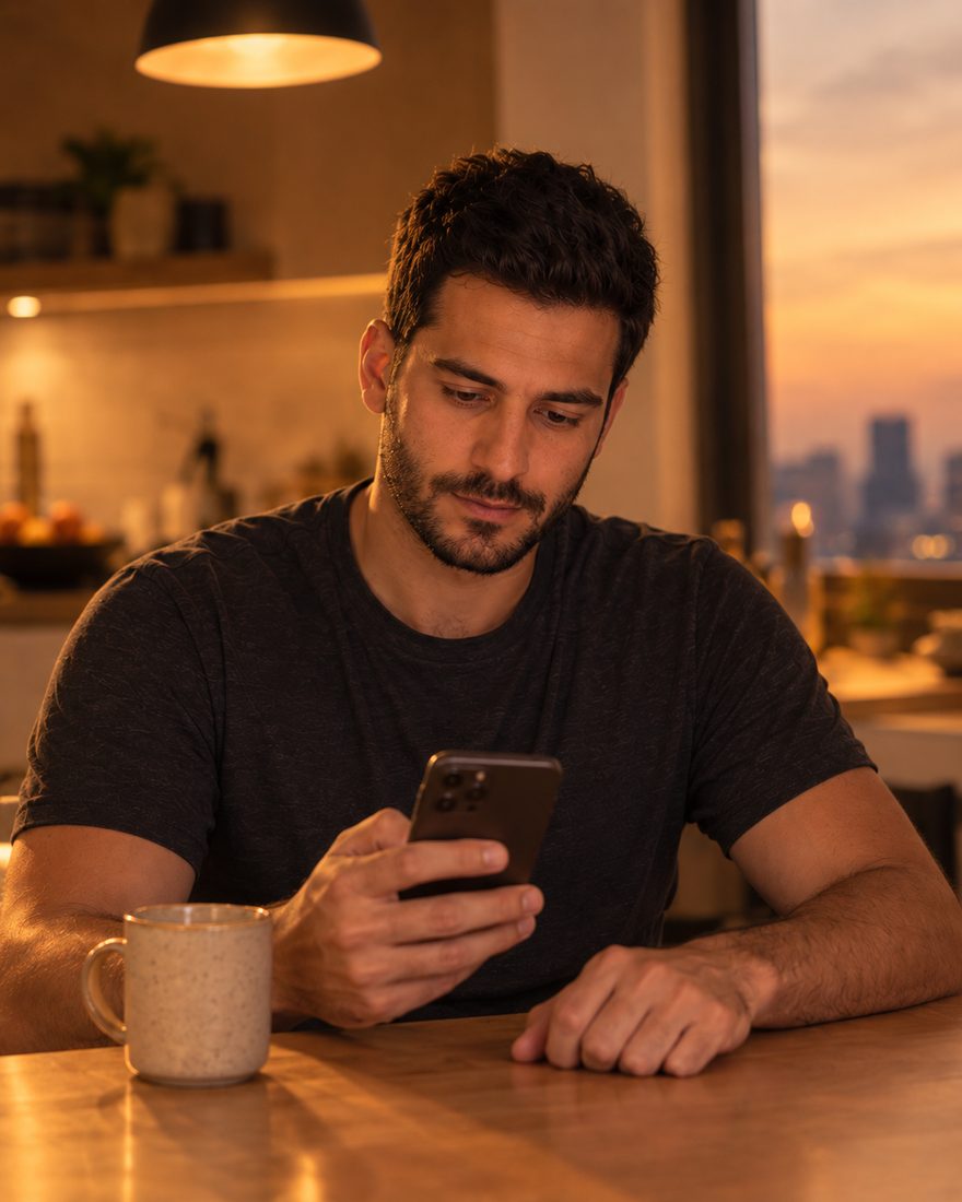 At the kitchen table in the evening, checking his phone